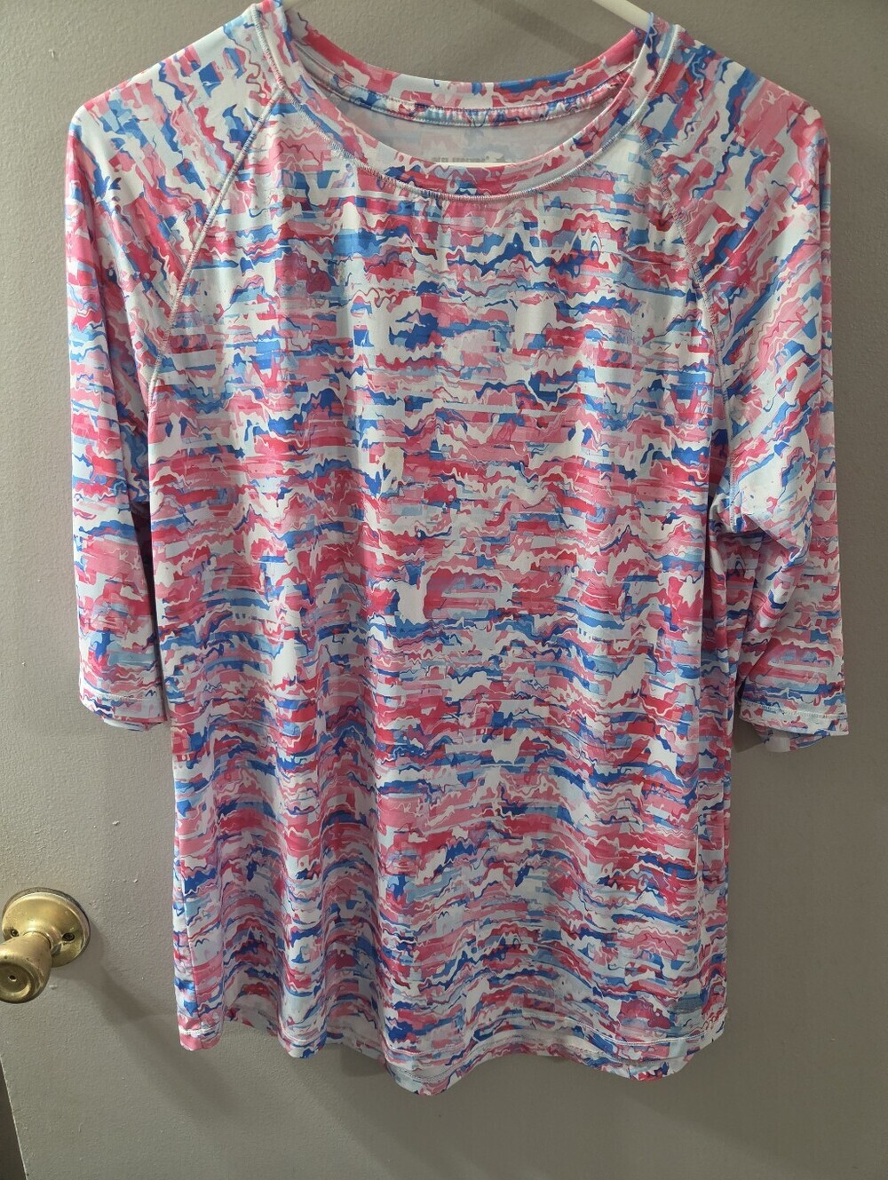Reel Legends Pink, Blue & White Patterned Sleeve To Elbow Top. Sz L